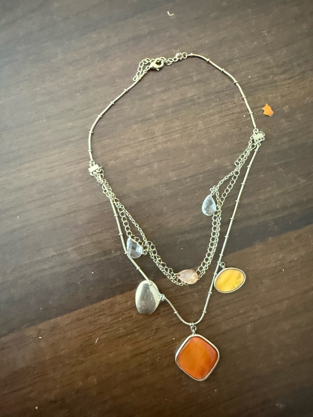 Layered Silver Necklace with Orange and Yellow Pendant Accents